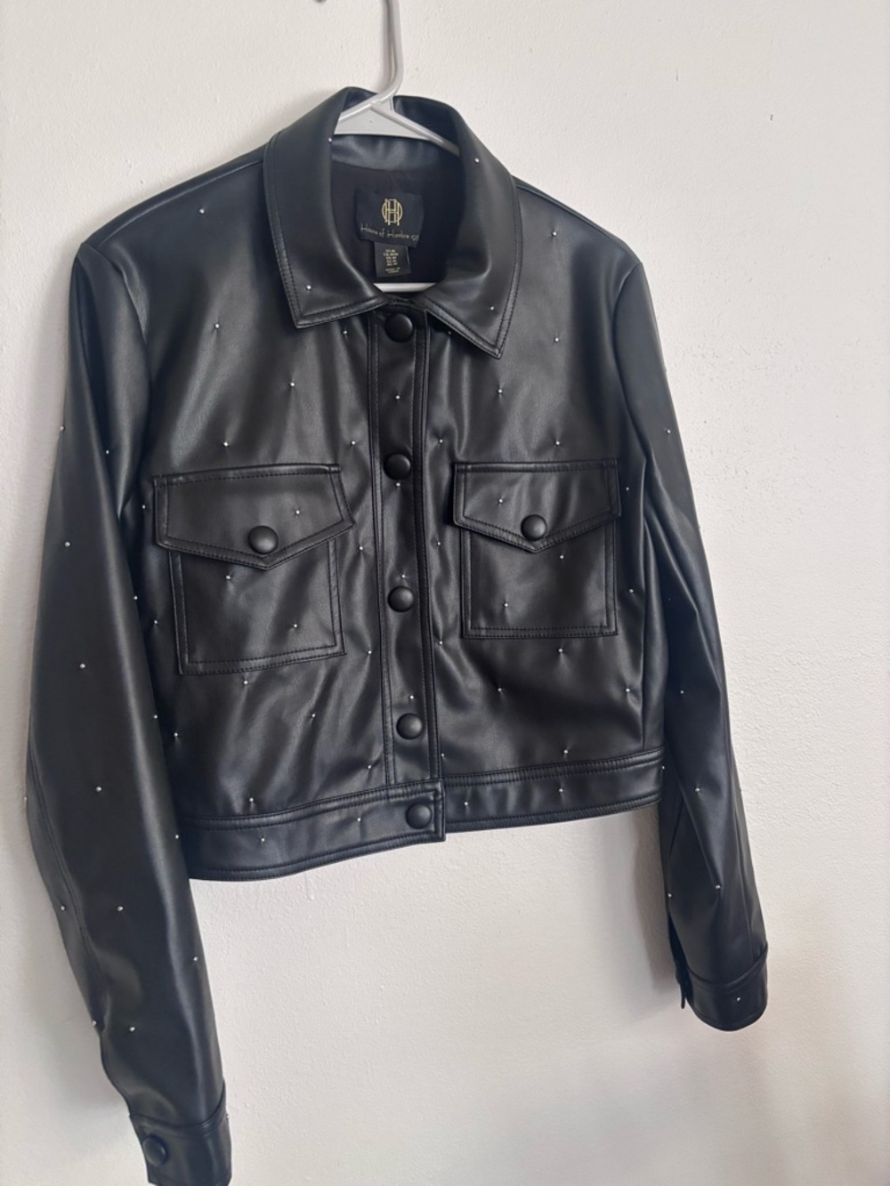 House of Harlow 1960 Polyurethane Faux Leather Studded Accented Black Jacket